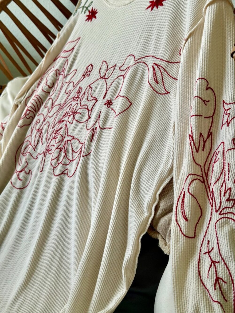 Free People Embroidered Floral Waffle Knit Long Sleeve Tee Medium Boho - Picture 14 of 16